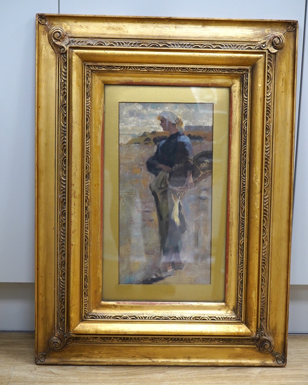 Late 19th/ early 20th century, Impressionist oil on board, Full length study of an oyster picker, initialled J.S, 37 x 18cm, ornate gilt framed. Condition - fair to good, would benefit from a clean